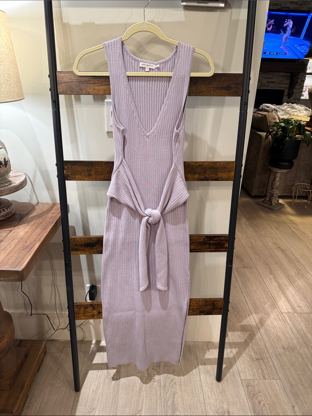 Good American Lavender Ribbed Tie-Front Maxi Dress